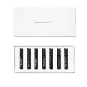 Mihan Aromatics - Discovery Kit mit sieben kleinen Duftproben in schwarzem Design in weißer Box präsentiert