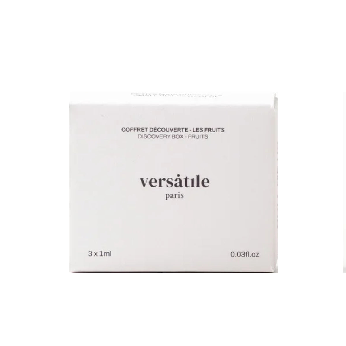 Versatile - Fruits - Discovery Set weiße Verpackung mit schlichter Typografie vor hellem Hintergrund