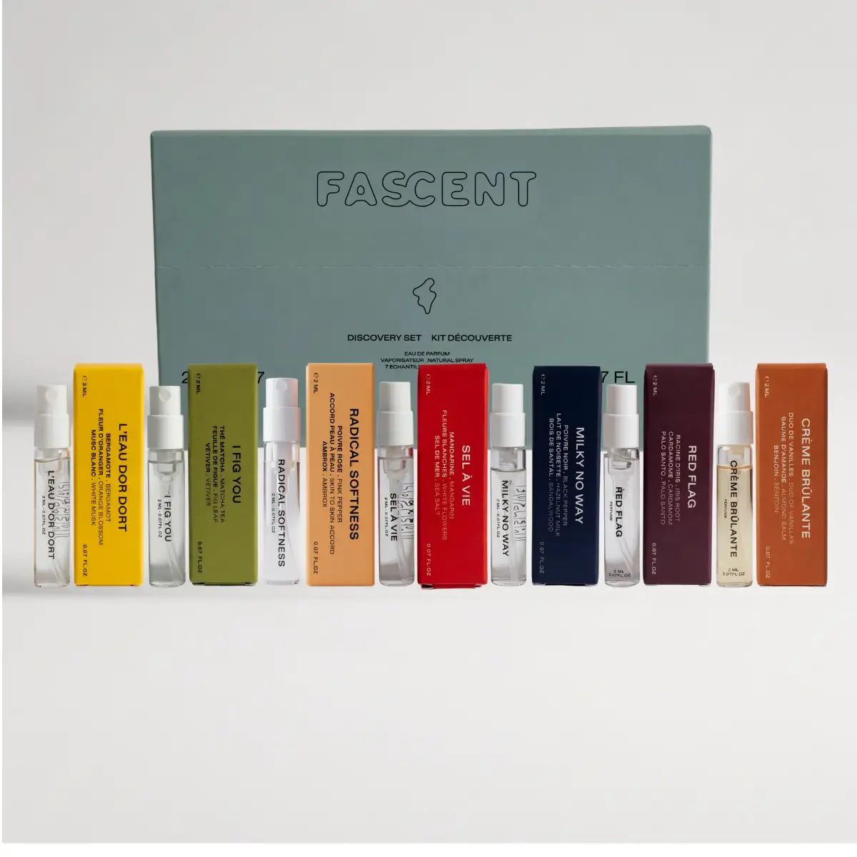 Fascent - Discovery Set mit neun Duftproben in verschiedenen Farben und minimalistischer Verpackung vor weißem Hintergrund