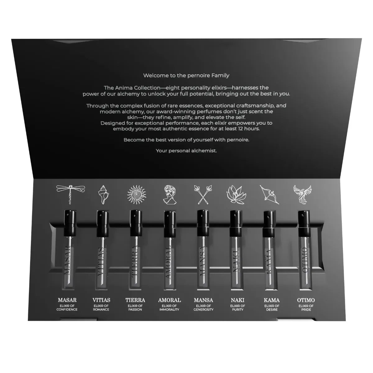 Pernoire - Discovery Set Anima Collection mit acht eleganten Duftproben in schlanken schwarzen Zerstäubern in edler Verpackung