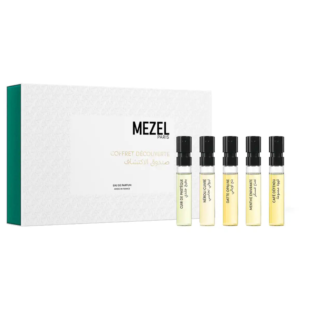 Mezel Paris - Discovery Set mit fünf verschiedenen Parfumproben vor schlichter weißer Verpackung und grünem Rand
