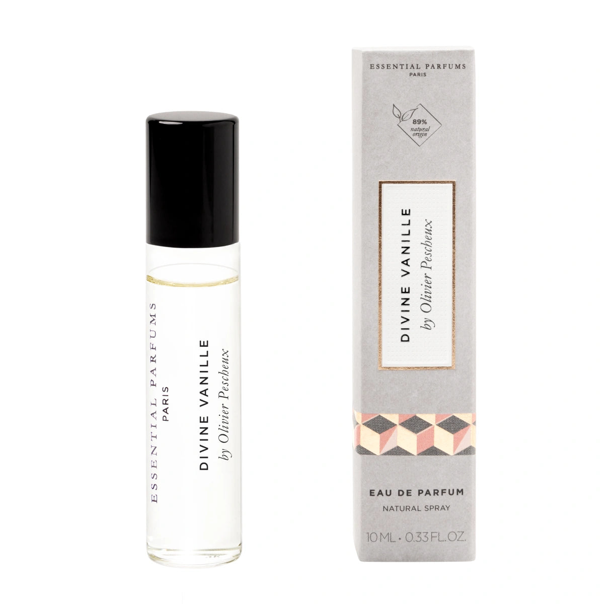 Essential Parfums - Divine Vanille kleiner klarer Flakon mit schwarzem Verschluss neben grauer Verpackung mit geometrischem Muster