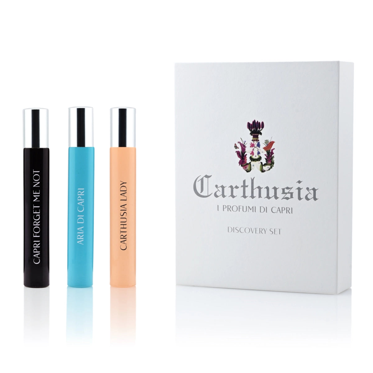 Carthusia - La Dolce Vita - Discovery Set mit drei eleganten Miniaturdüften in Schwarz, Blau und Apricotfarben