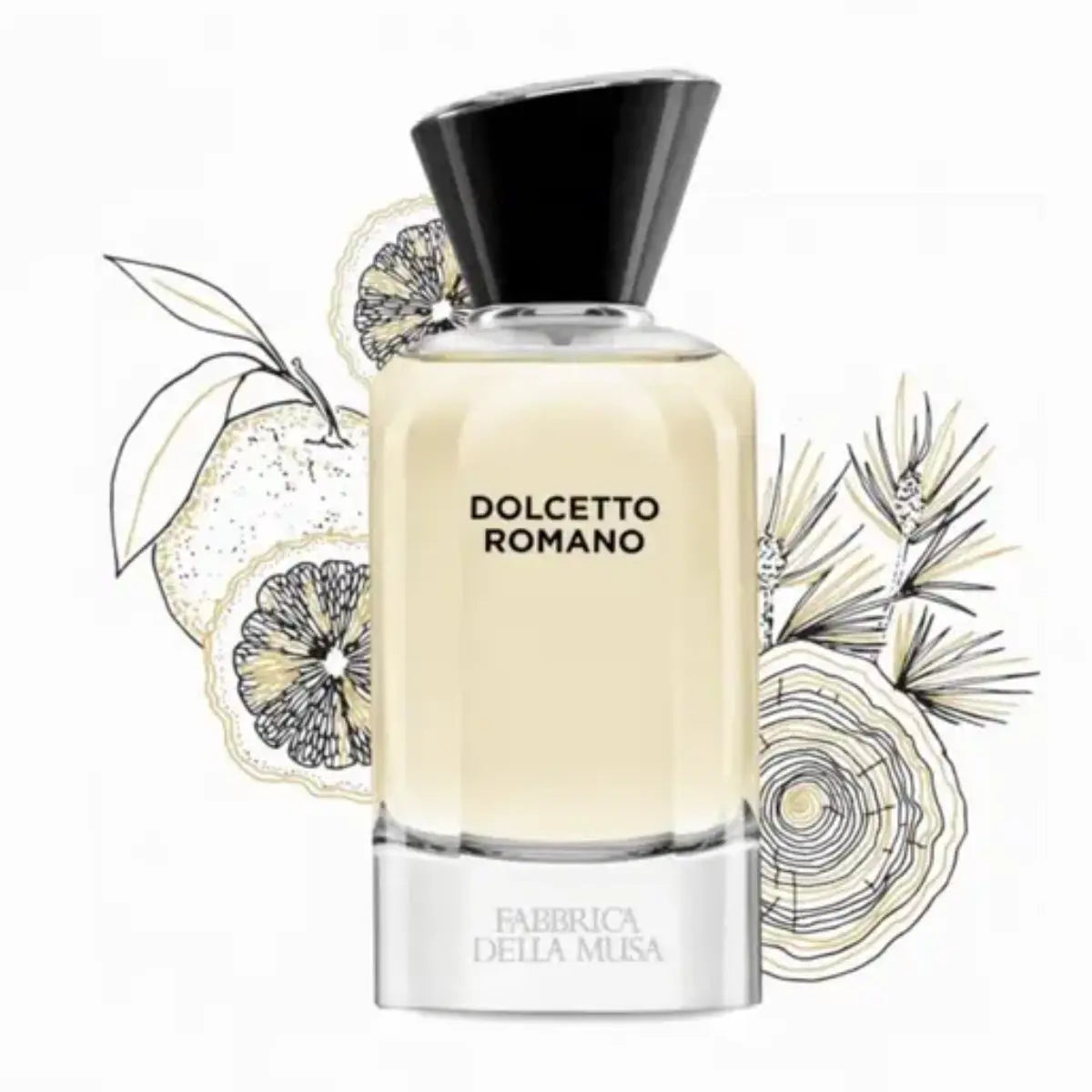 Fabbrica della Musa - Dolcetto Romano Flakon mit milchiger Flüssigkeit und schwarzem Verschluss vor botanischer Zeichnung