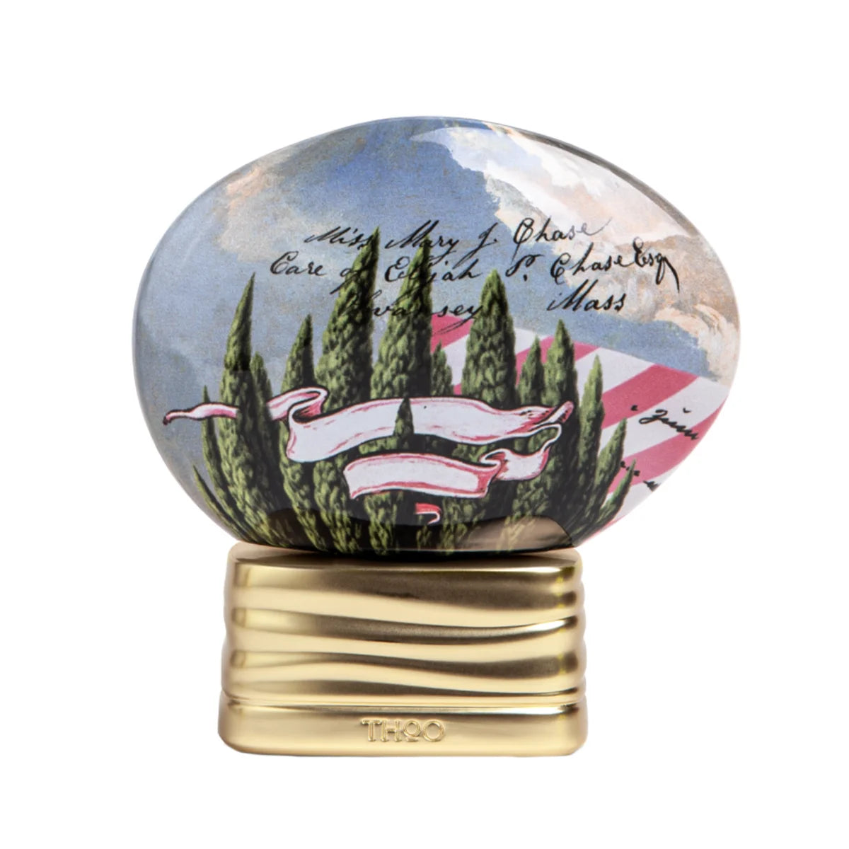 THoO - Crazy Collection - Doux Ennui kunstvoll bemalte ovale Flasche auf modernem goldfarbenem Sockel vor weißem Hintergrund