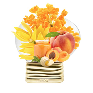 THoO - Crazy Collection - Doux Ennui zeigt goldfarbenen Flakon mit Früchten und gelben Blüten vor weißem Hintergrund