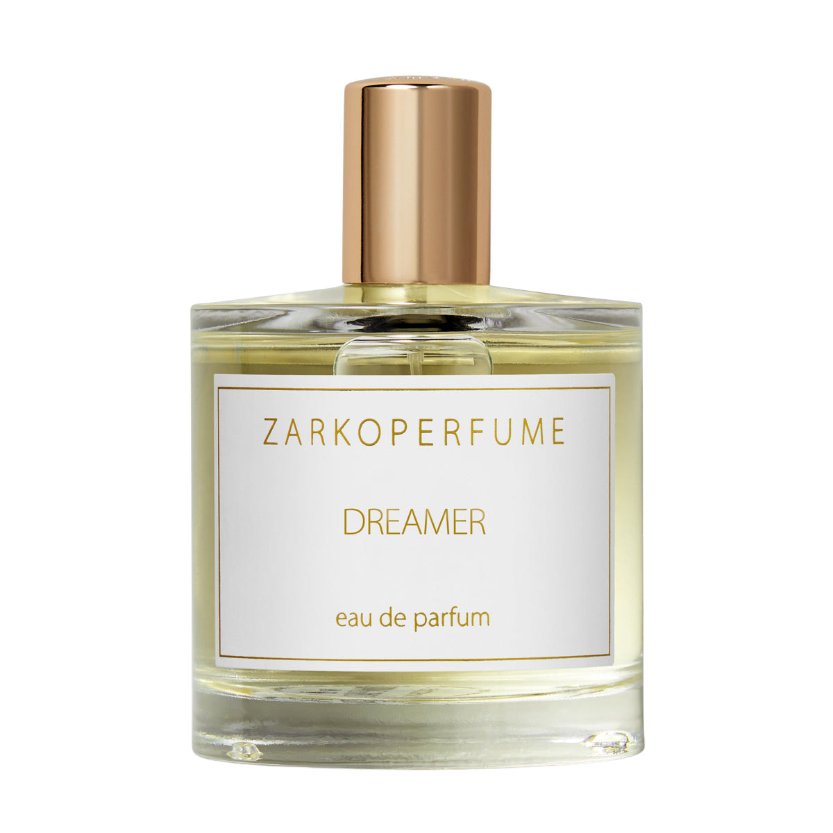 Zarkoperfume - Dreamer Parfumflakon mit klarem Glas und goldfarbenem Verschluss vor weißem Hintergrund
