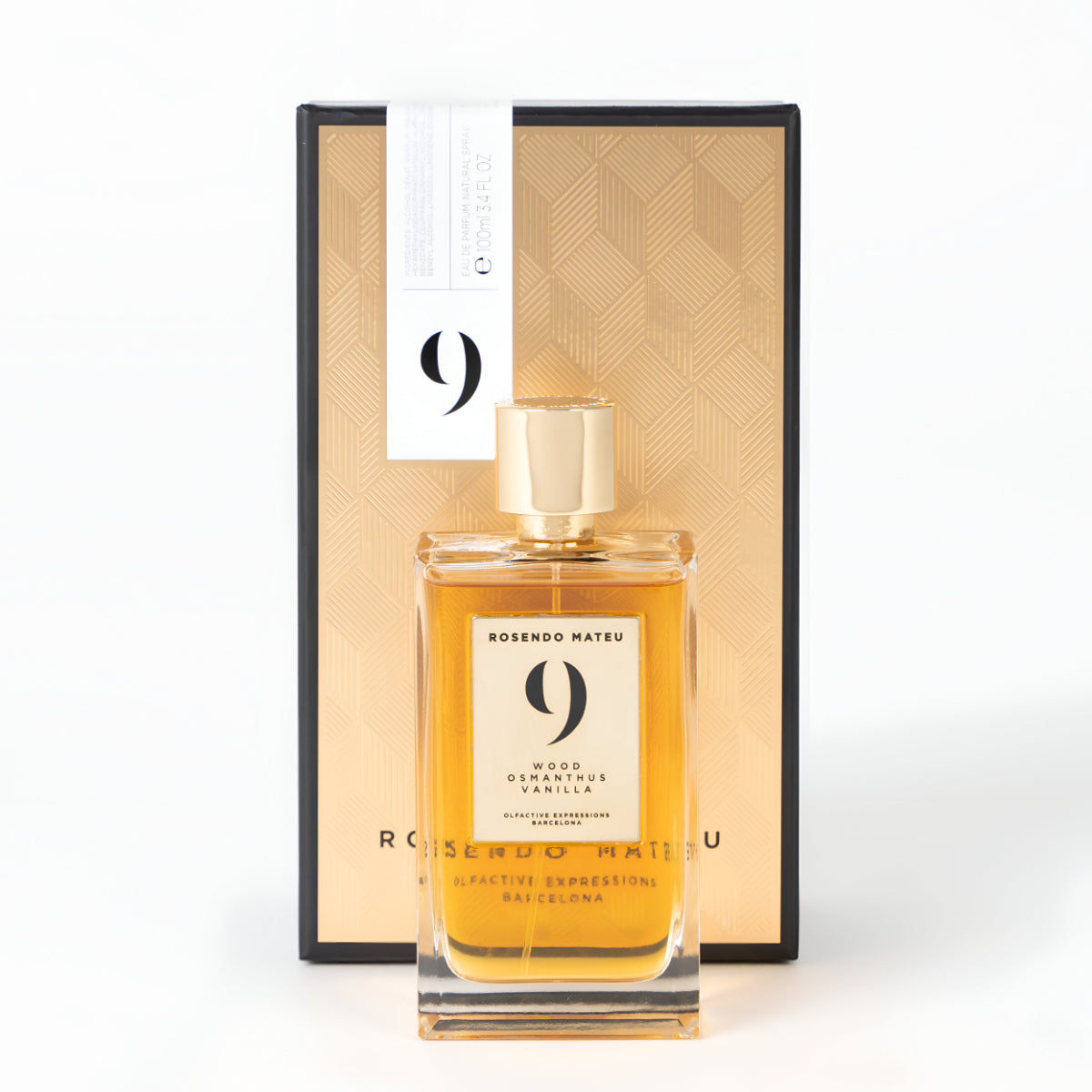 Rosendo Mateu - Olfactive Expressions - Nº 9 Parfumflakon mit goldenem Verschluss vor beigem Musterhintergrund