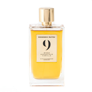 Rosendo Mateu - Olfactive Expressions - Nº 9 Parfumflakon mit goldfarbenem Verschluss und klarer Glasflasche vor weißem Hintergrund