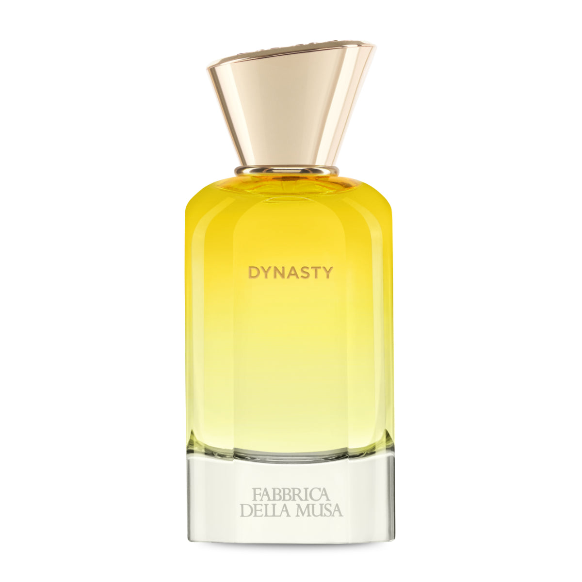 Fabbrica della Musa - Dynasty Parfumflakon mit verlaufendem Gelbton und elegantem goldenem Verschluss vor weißem Hintergrund