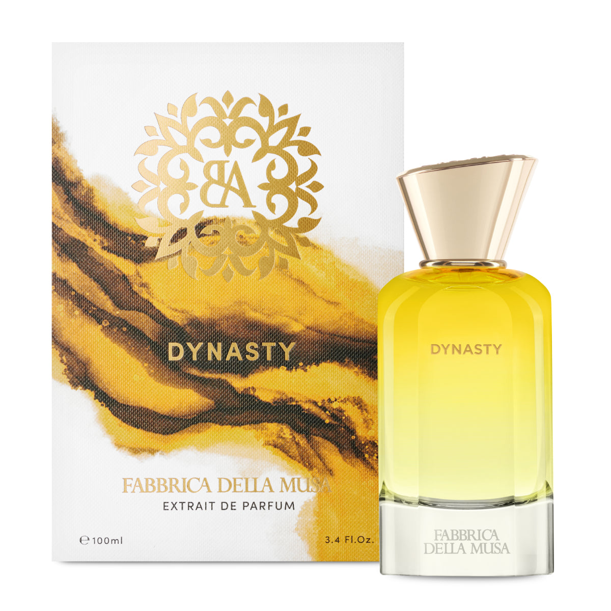 Fabbrica della Musa - Dynasty Duftflakon mit goldenem Verschluss und gelb verlaufendem Glas vor dekorativer Verpackung