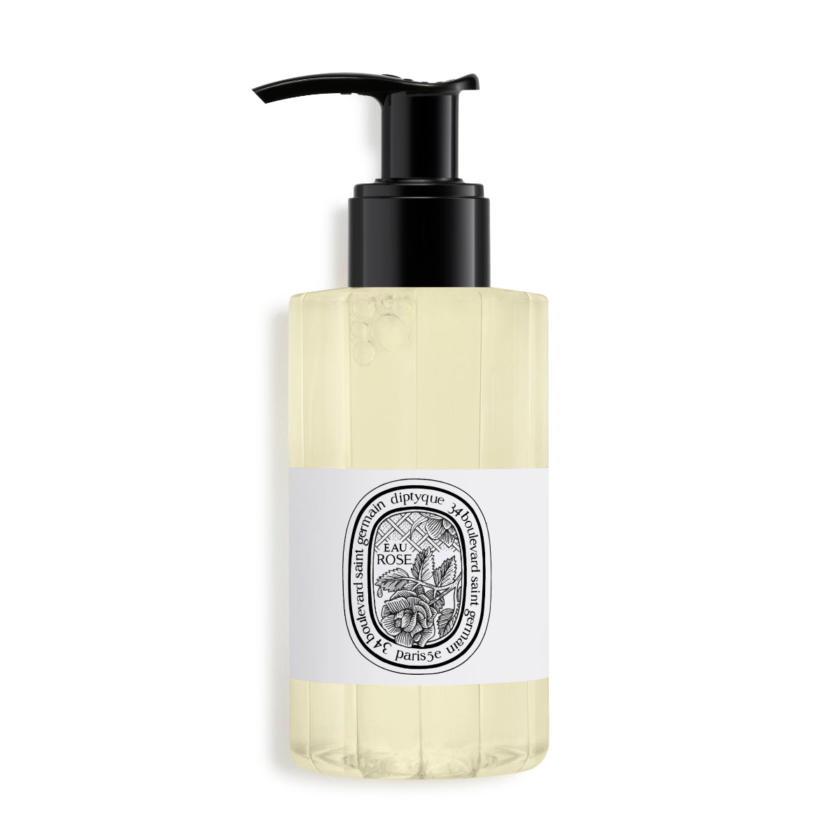 Diptyque - Eau Rose - Cleansing Hand & Body Gel transparent mit schwarzem Spender auf weißem Hintergrund