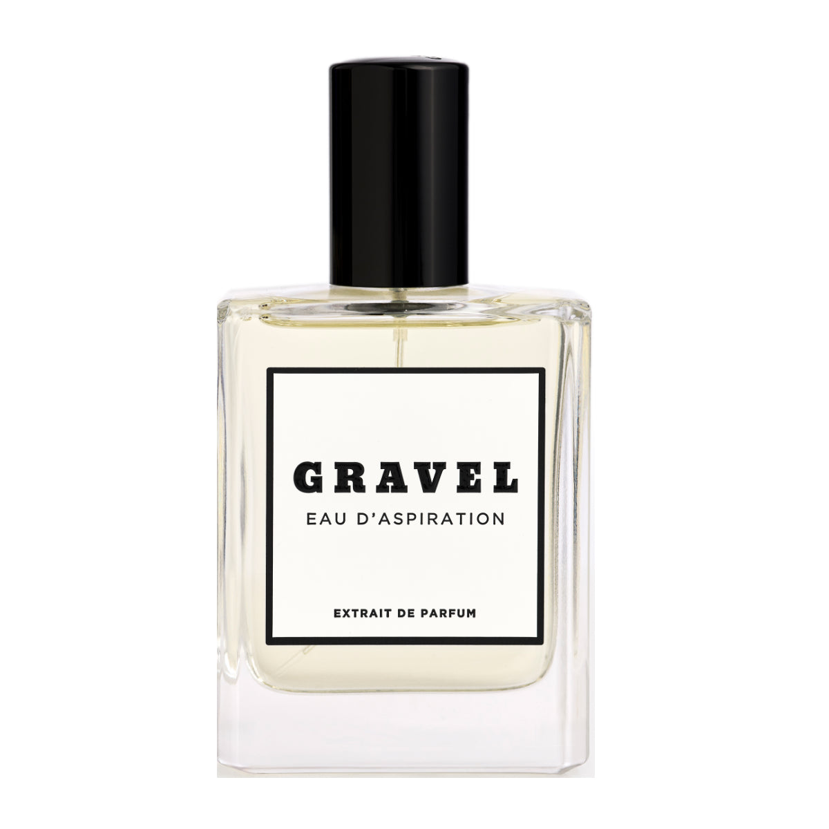 Gravel - Eau D'Aspiration Parfumflakon mit klarem Glas und schwarzem Verschluss vor weißem Hintergrund