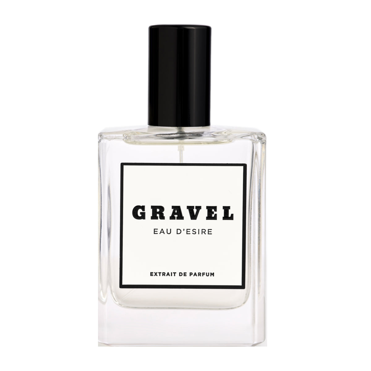 Gravel - Eau D'Esire Parfumflakon mit schwarzen Verschluss und klarer Glasflasche vor weißem Hintergrund