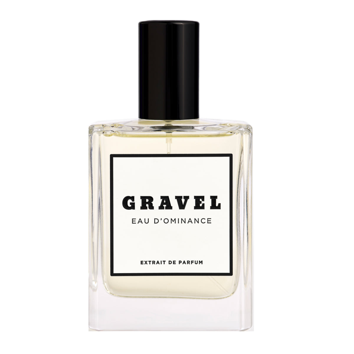 Gravel - Eau D'Ominance Extrait de Parfum Flakon mit schwarzem Verschluss und minimalistischer Typografie auf weißem Hintergrund