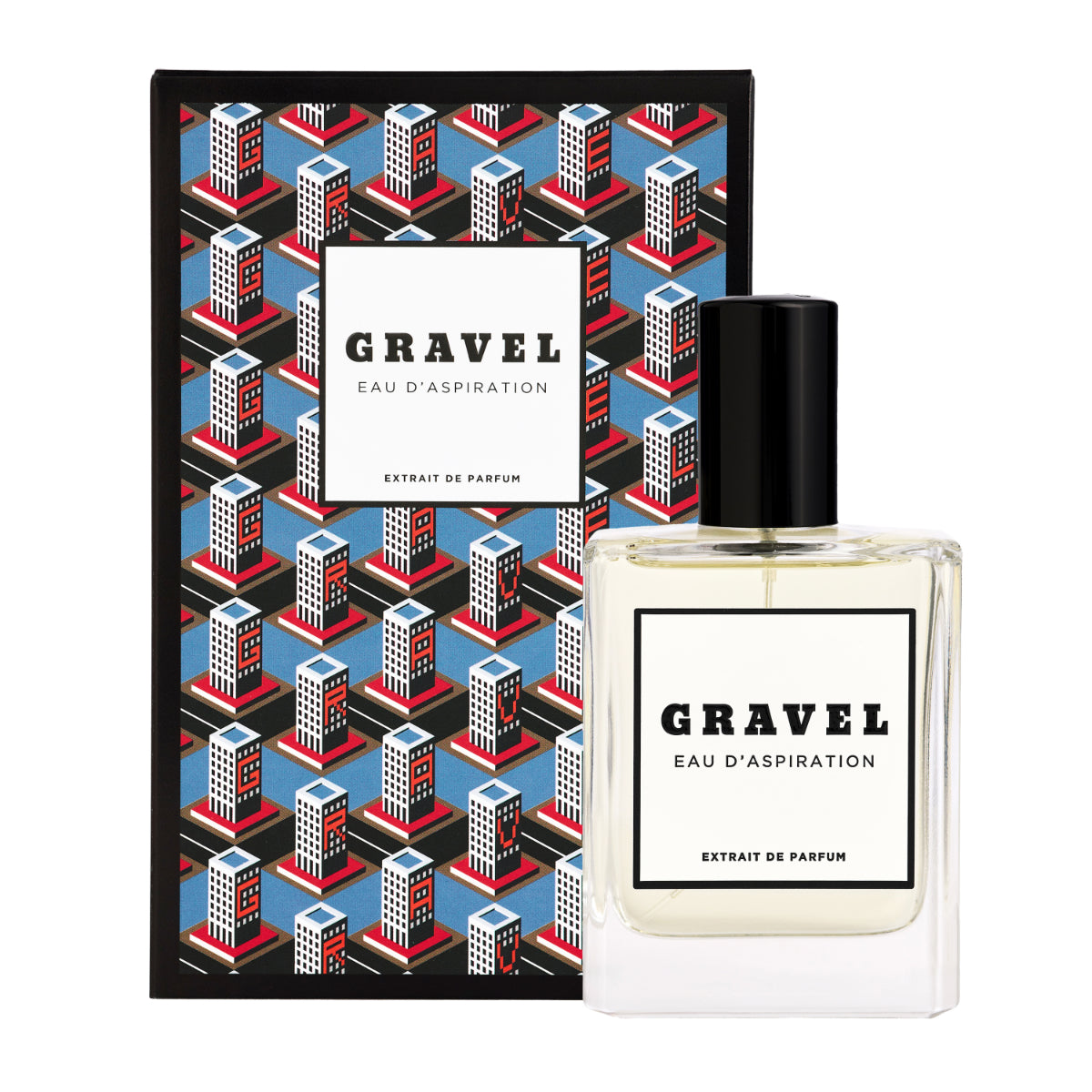 Gravel - Eau D'Aspiration Extrait de Parfum Flakon mit schwarzem Verschluss vor bunter geometrischer Verpackung