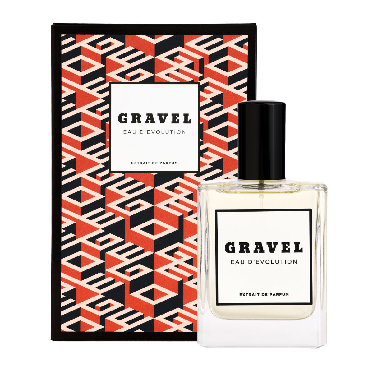 Gravel - Eau D'Evolution Extrait de Parfum Flakon mit schwarzem Verschluss vor geometrischer Verpackung