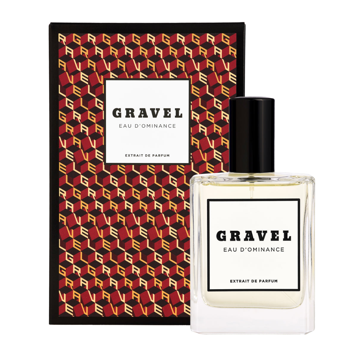 Gravel - Eau D'Ominance Parfumflakon mit schwarzem Verschluss vor auffälliger, geometrischer Verpackung in Rot und Gold