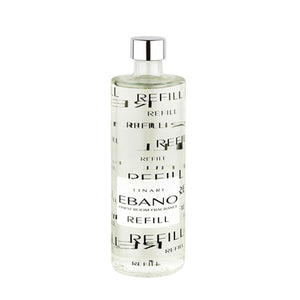 LINARI - Graphic Line - Ebano - Diffusor Refill in klarer Flasche mit schwarzer Schrift und silbernem Verschluss vor weißem Hintergrund