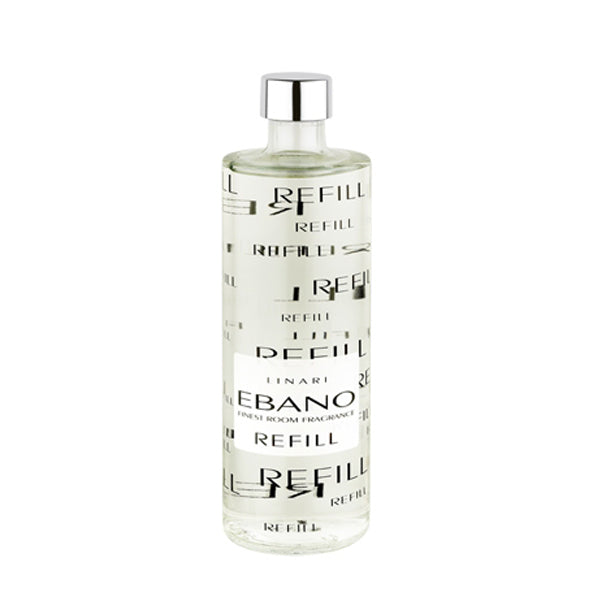 LINARI - Graphic Line - Ebano - Diffusor Refill in klarer Flasche mit schwarzer Schrift und silbernem Verschluss vor weißem Hintergrund