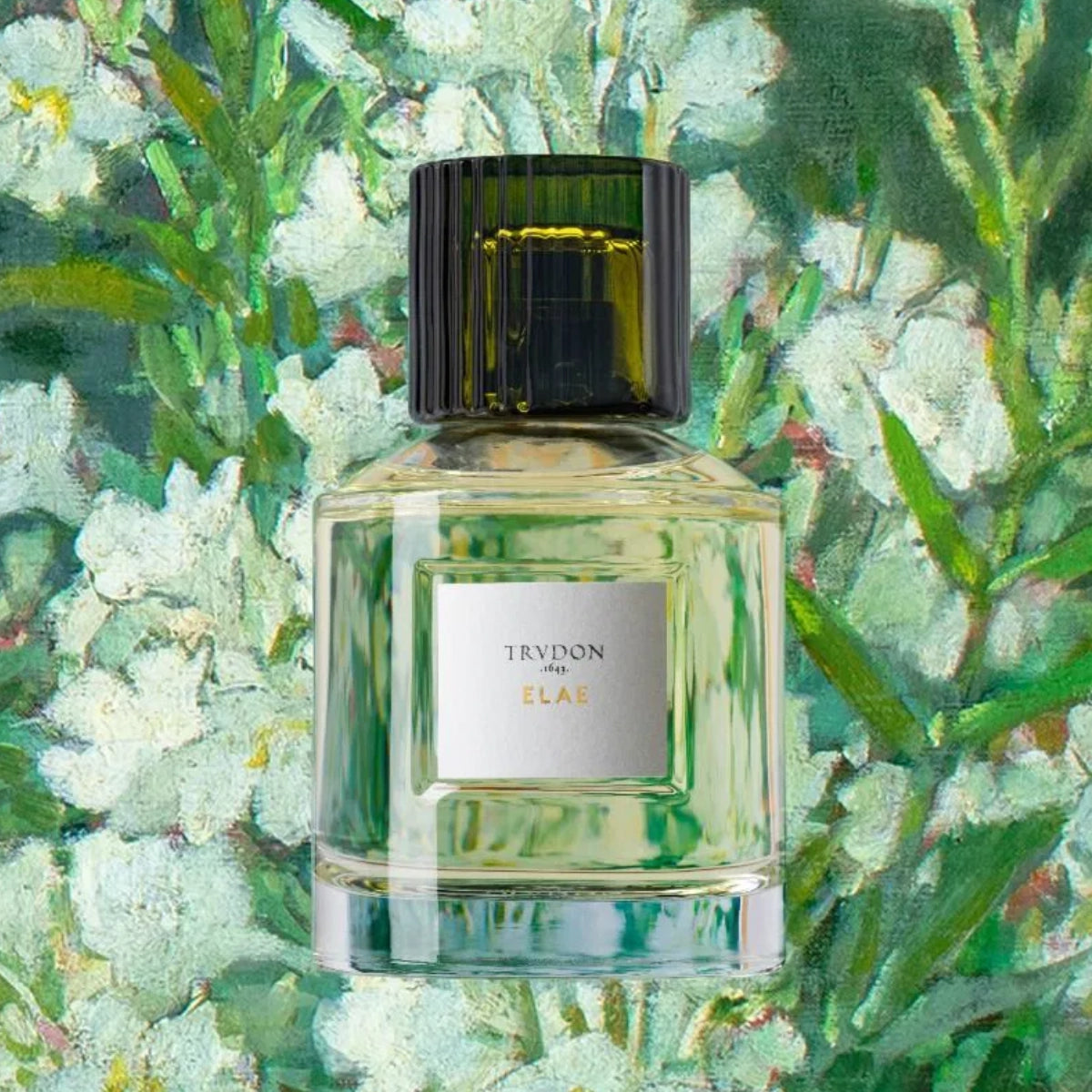 Trudon - Elae Parfumflakon mit grünem Flakon vor floraler, hellgrüner Hintergrundgestaltung