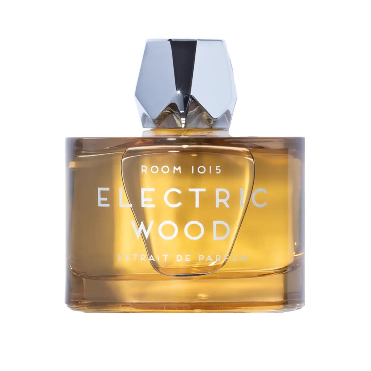 Room 1015 - Electric Wood - Extrait Parfumflakon mit markantem, kantigem Verschluss und bernsteinfarbenem Duft vor weißem Hintergrund