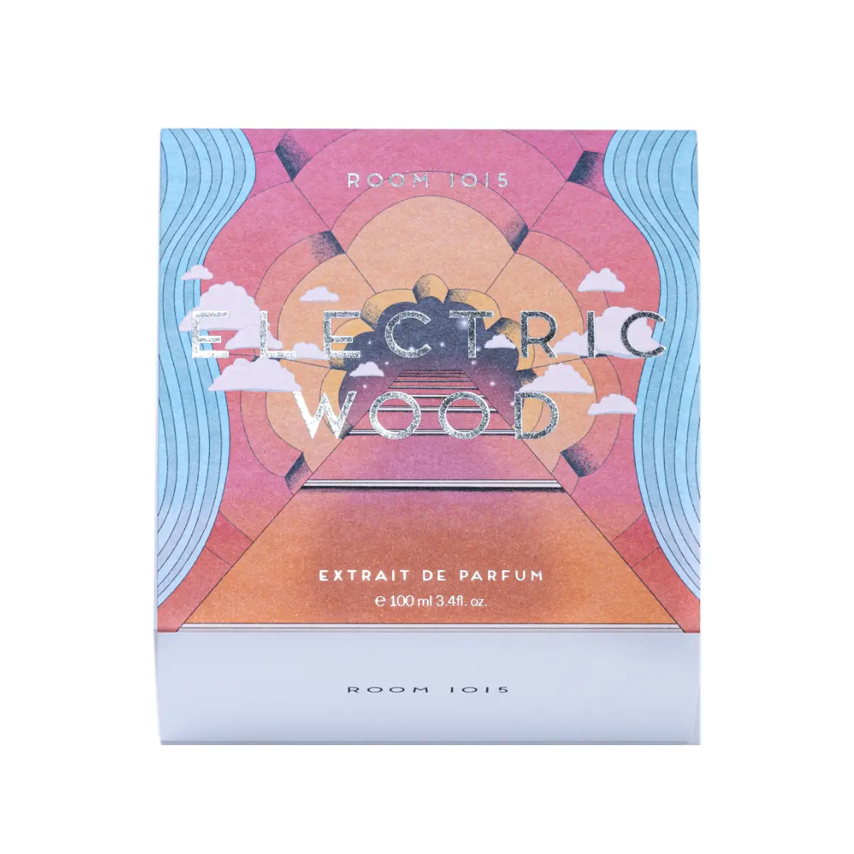 Room 1015 - Electric Wood - Extrait Verpackung mit buntem geometrischem Muster und stilisiertem Schriftzug