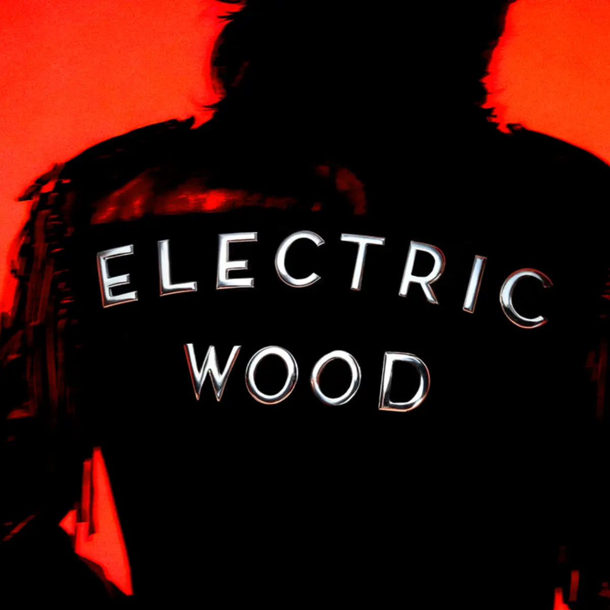 Room 1015 - Electric Wood - Extrait Schriftzug auf schwarzem Lederjackenrücken vor rotem Hintergrund