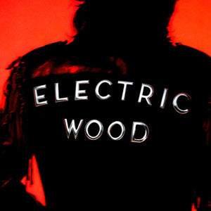 Room 1015 - Electric Wood - Extrait Schriftzug auf schwarzem Lederjackenrücken vor rotem Hintergrund