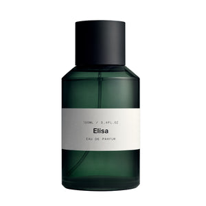Marie Jeanne - Elisa Parfumflakon in dunklem Grün mit schlichtem weißen Etikett und schwarzem Verschluss auf weißem Hintergrund