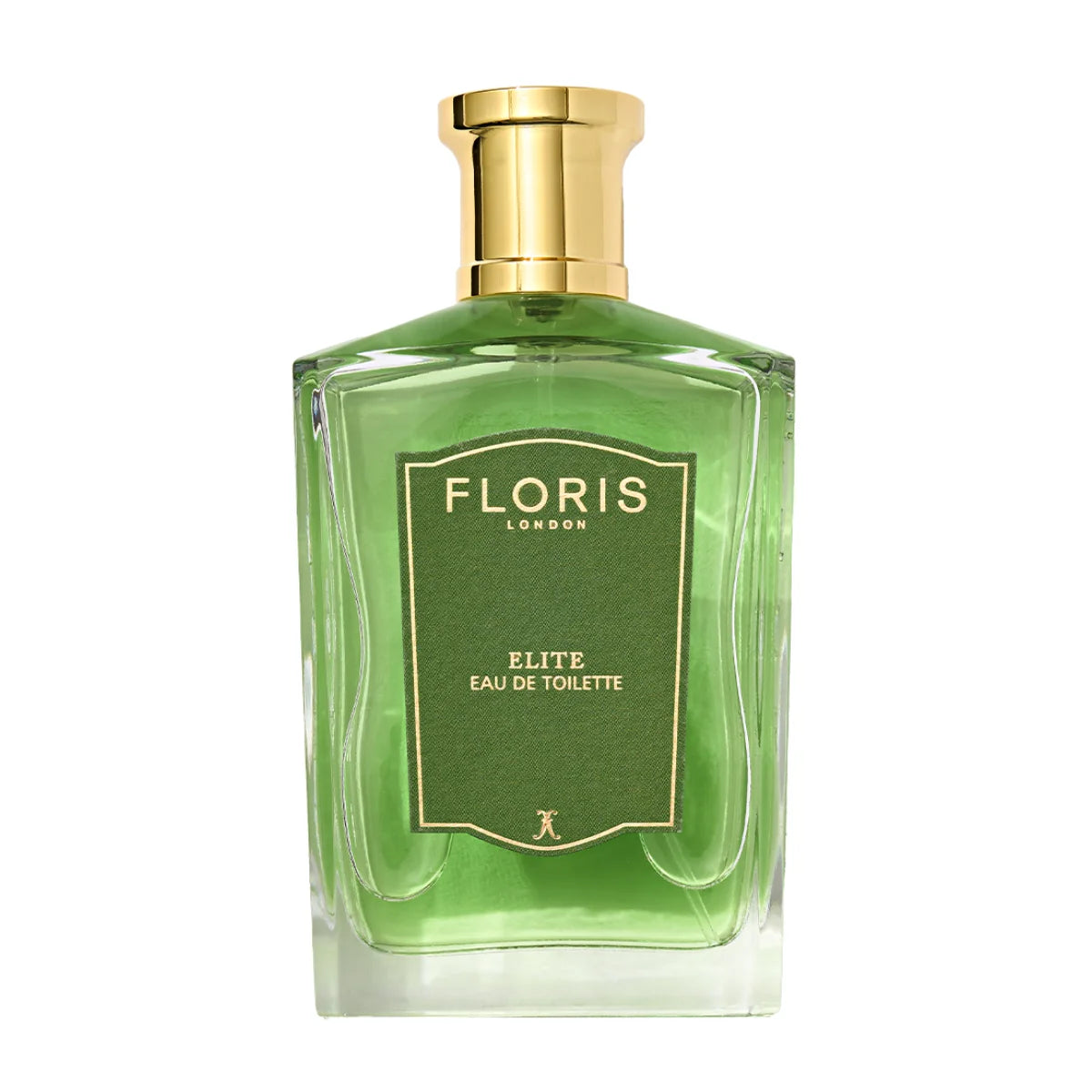 Floris - Elite eleganter grüner Flakon mit goldfarbenem Verschluss und grünem Etikett vor weißem Hintergrund