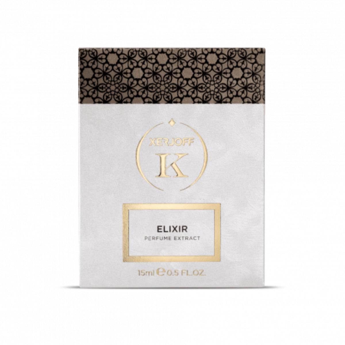 Xerjoff - K Collection - Elixir - Parfum Extrakt zeigt weiße Verpackung mit schwarzem Muster und goldener Prägung elegant präsentiert