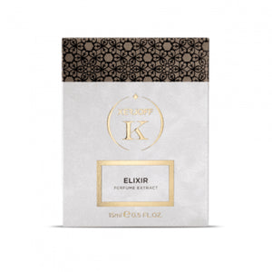 Xerjoff - K Collection - Elixir - Parfum Extrakt zeigt weiße Verpackung mit schwarzem Muster und goldener Prägung elegant präsentiert