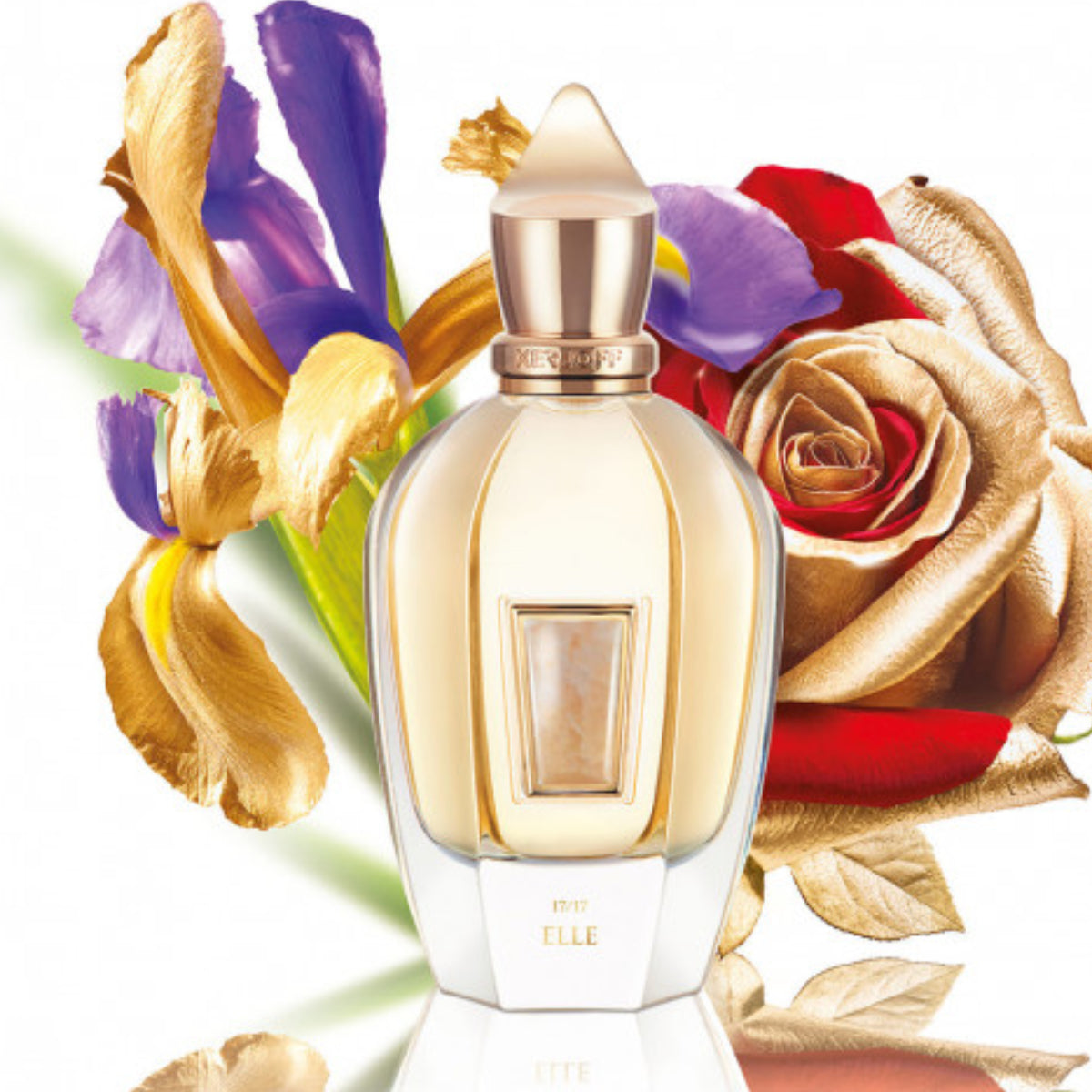 Xerjoff - XJ 17/17 - Stone Label - Elle edler Flakon mit goldfarbenem Verschluss vor irisierenden Blumenarrangement