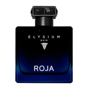 Roja Parfums - Elysium Noir Parfumflakon in dunklem Blau mit markantem schwarzem Verschluss elegant dargestellt