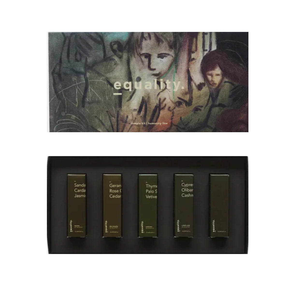 equality. fragrances - Sample Kit mit künstlerischer Verpackung und fünf Duftproben in eleganter Box präsentiert