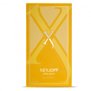 Xerjoff - Vibe - Erba Gold zeigt stilvolle, goldgelbe Verpackung mit filigranem Design für luxuriösen Duft