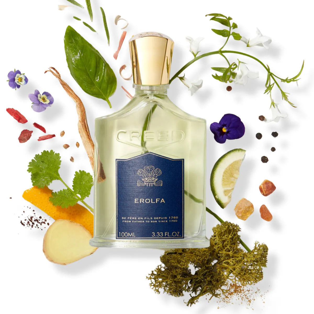 Creed - Erolfa Parfumflakon mit blauem Label und goldenem Verschluss umgeben von natürlichen Duftnoten und Pflanzenarrangement
