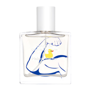 Maison Matine - Esprit de Contradiction Parfumflakon mit blauem Armmotiv und gelbem Entchen auf klarem Glas und weißem Verschluss