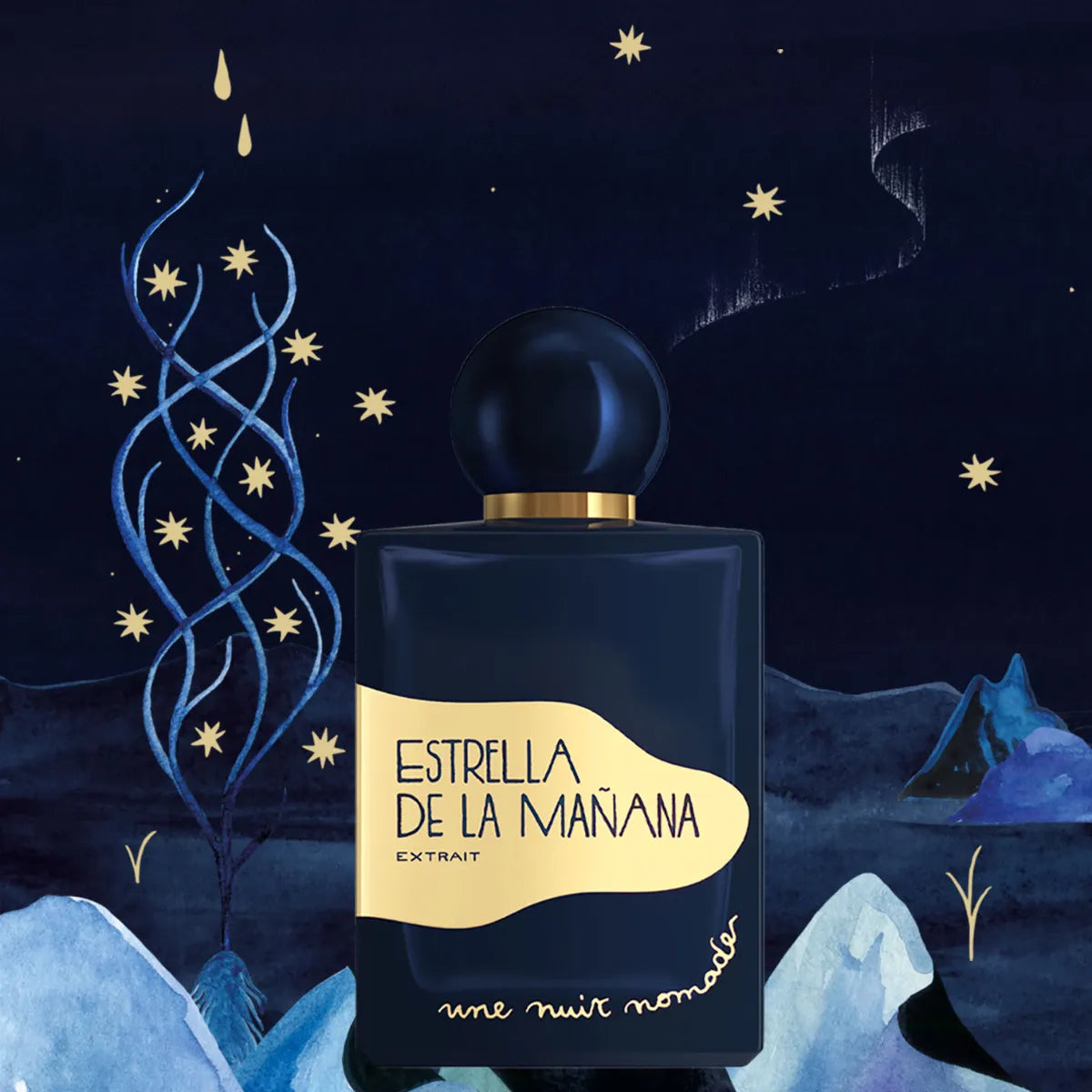 Une Nuit Nomade - Extraits de Voyage - Estrella de la Mañana Parfumflakon in Dunkelblau vor nächtlicher Berglandschaft mit Sternen