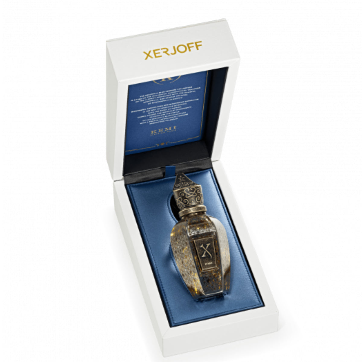 Xerjoff - K Blue Collection - Ether präsentiert kunstvollen Flakon mit antiker Verzierung in eleganter edler Box