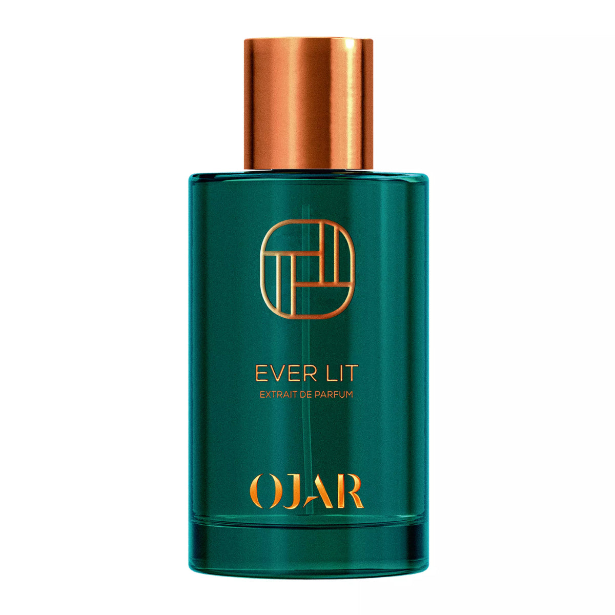Ojar - Ever Lit Parfumflakon in tiefem Grün mit goldfarbenem Schriftzug und Kupferkappe vor weißem Hintergrund