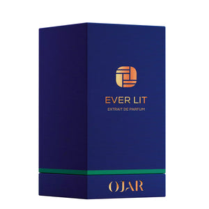 Ojar - Ever Lit Verpackung in tiefblau mit kupferfarbenem Logo und grünem Akzent vor weißem Hintergrund