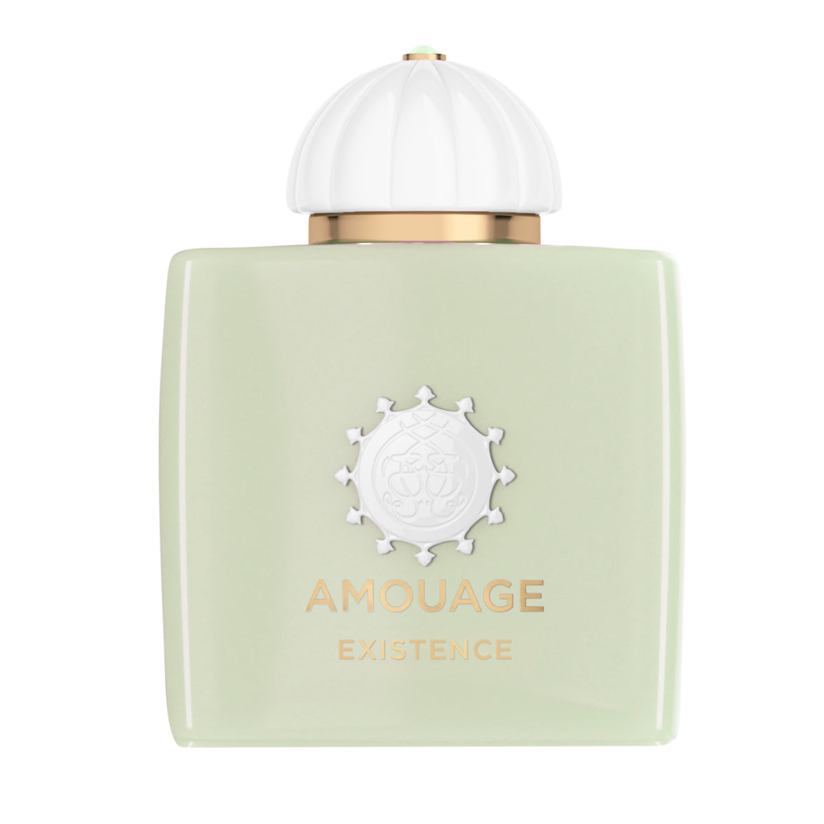 Amouage - Existence Parfumflakon in zartem Grün mit goldener Schrift und weißem dekorativem Verschluss vor weißem Hintergrund