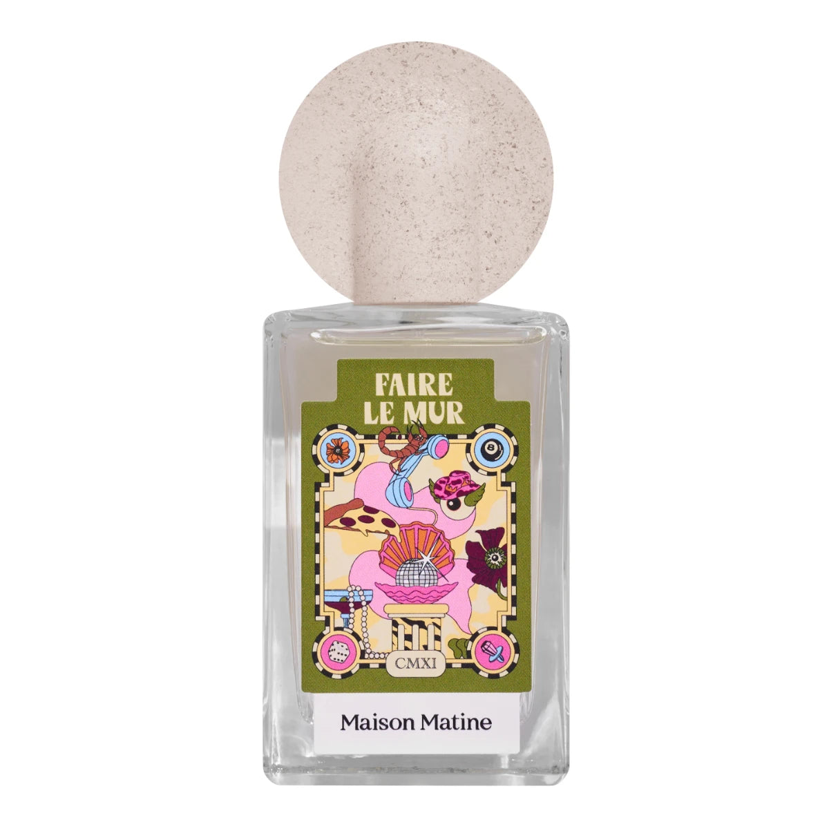 Maison Matine - Night Fever Collection - Faire le Mur zeigt Flakon mit künstlerischem Etikett und rundem beigem Verschluss auf weißem Hintergrund