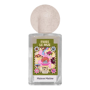 Maison Matine - Night Fever Collection - Faire le Mur zeigt Flakon mit künstlerischem Etikett und rundem beigem Verschluss auf weißem Hintergrund