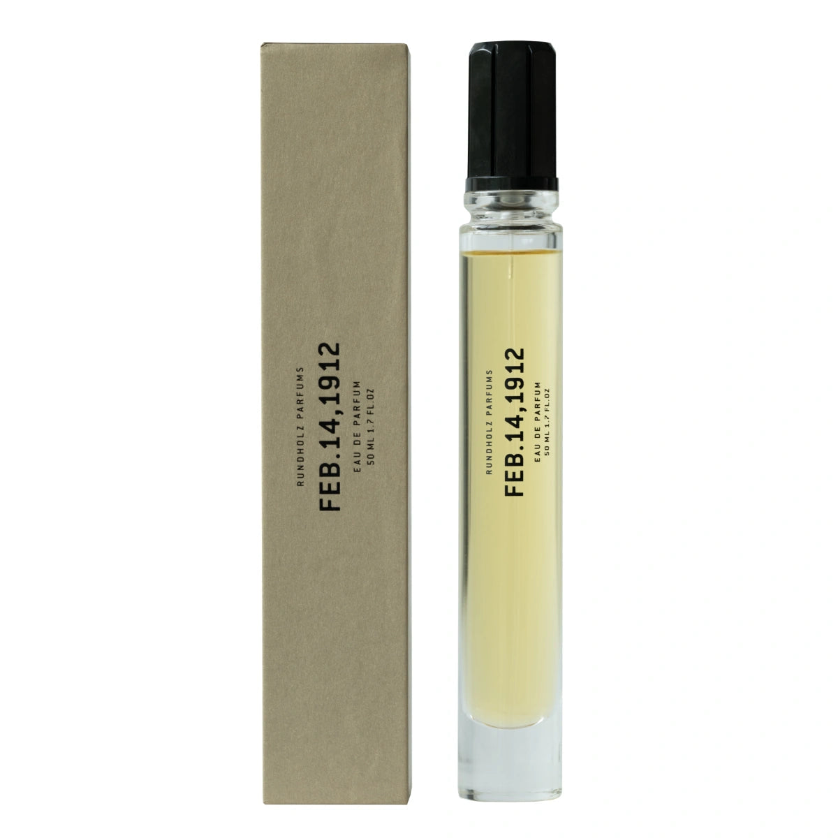 Rundholz Parfums - FEB.14, 1912 schlanker Glasflakon mit hellgelber Duftessenz und schwarzem Verschluss neben beige Karton