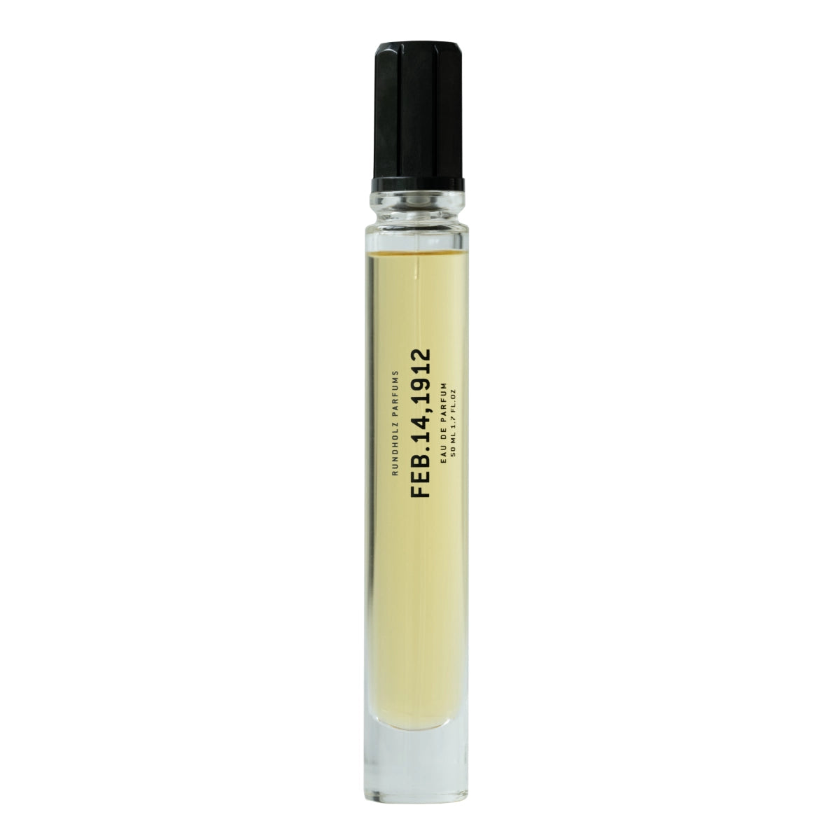 Rundholz Parfums - FEB.14, 1912 schlanker Glasflakon mit hellgelber Duftflüssigkeit und schwarzem Verschluss vor weißem Hintergrund