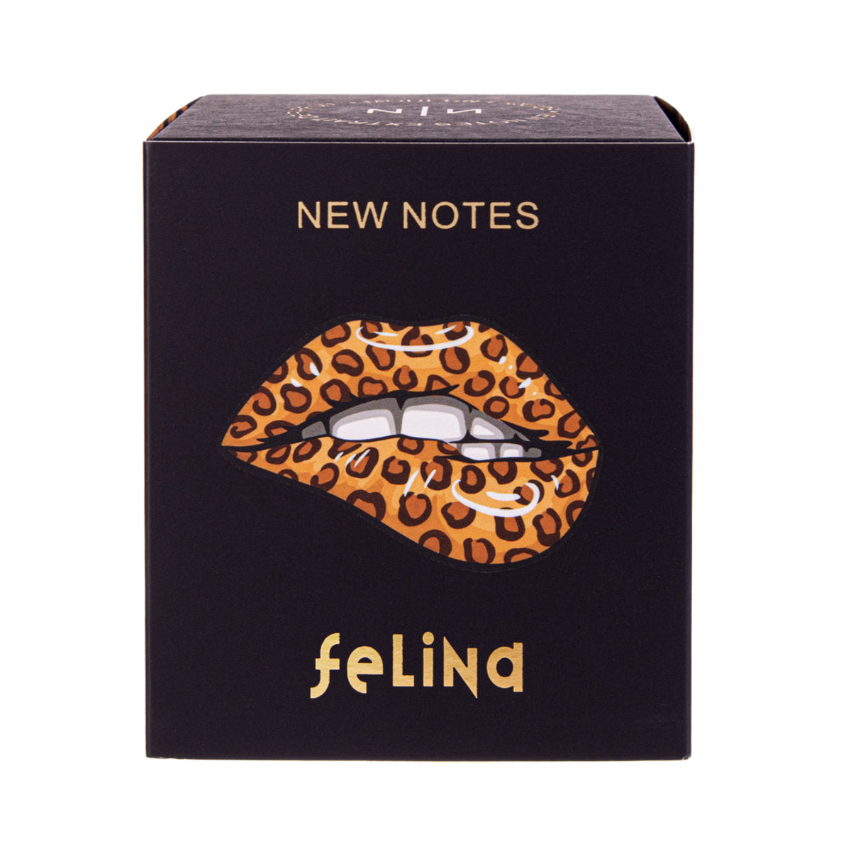New Notes - Modern Liquid Collection - Felina Verpackung mit Leopardenmuster auf schwarzem Hintergrund und stilisierter Lippenillustration