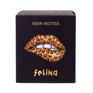 New Notes - Modern Liquid Collection - Felina Verpackung mit Leopardenmuster auf schwarzem Hintergrund und stilisierter Lippenillustration